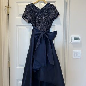 Navy blue sequence top, high-low dress